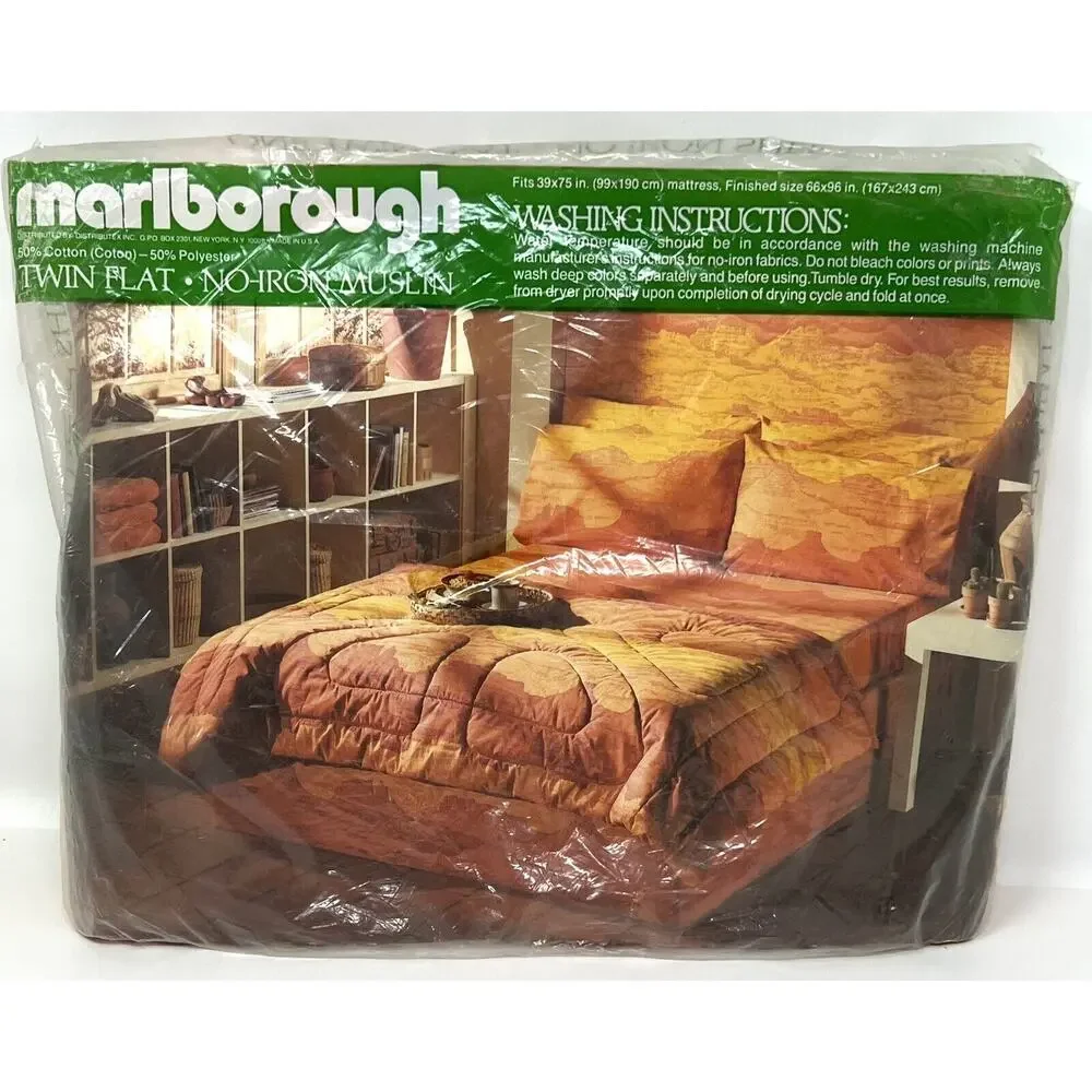 Vtg 70s Marlborough Southwest Desert Sunrise Canyons Twin Flat Sheet Orange